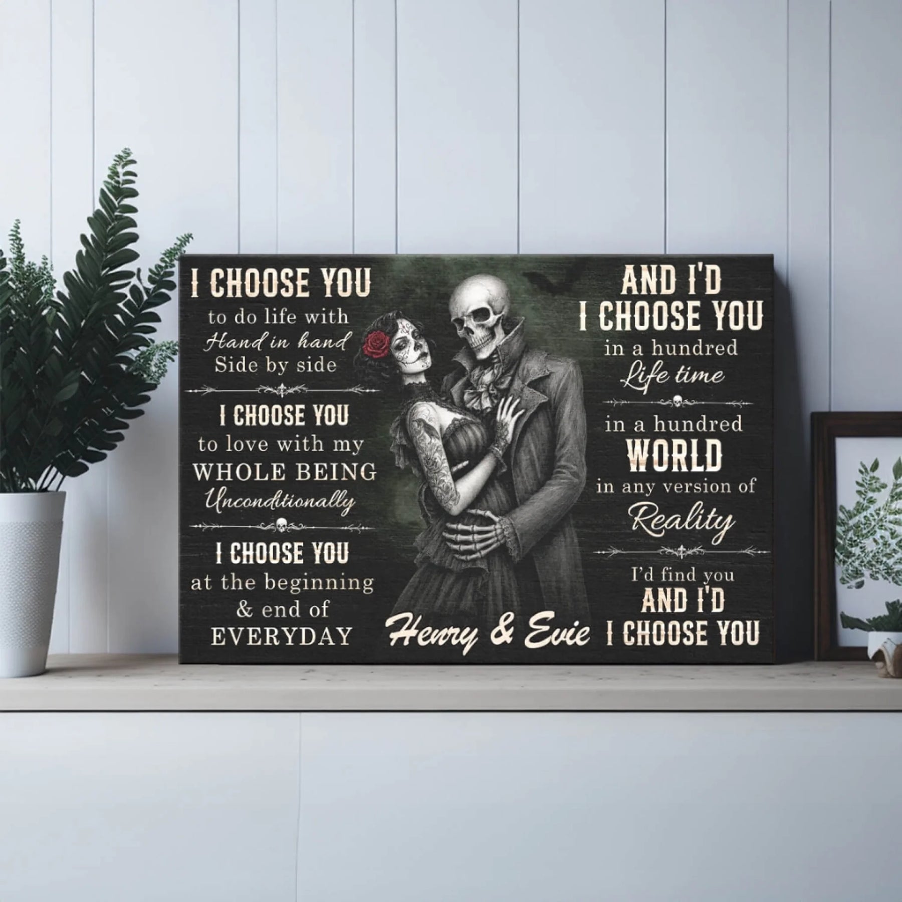 Personalized Day of the Dead style skeleton couple canvas print with romantic text and custom names for a unique gift.
