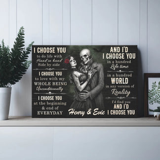 Personalized Day of the Dead style skeleton couple canvas print with romantic text and custom names for a unique gift.