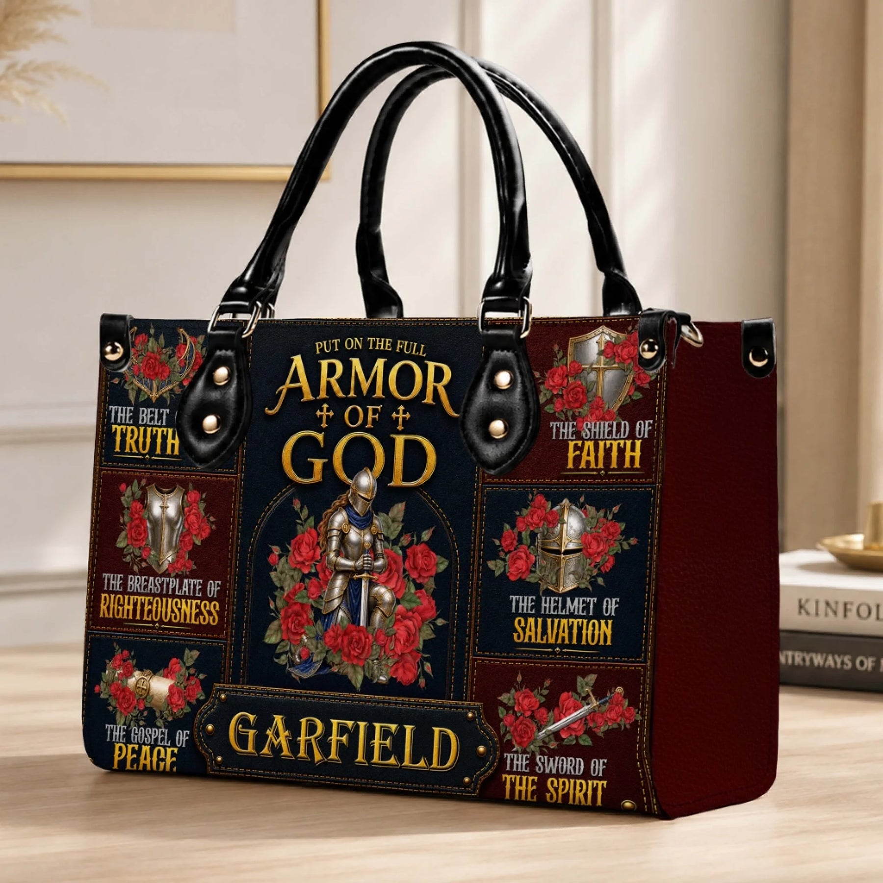 Elegant Armor of God tote bag in a dark color scheme featuring floral accents and inspirational Christian scripture verses.