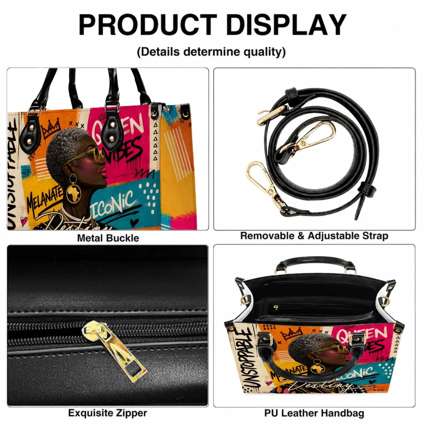 Close-up features of a stylish PU leather handbag including its adjustable strap, metal buckle, and secure interior zipper.