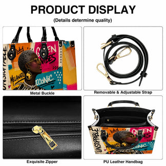 Close-up features of a stylish PU leather handbag including its adjustable strap, metal buckle, and secure interior zipper.