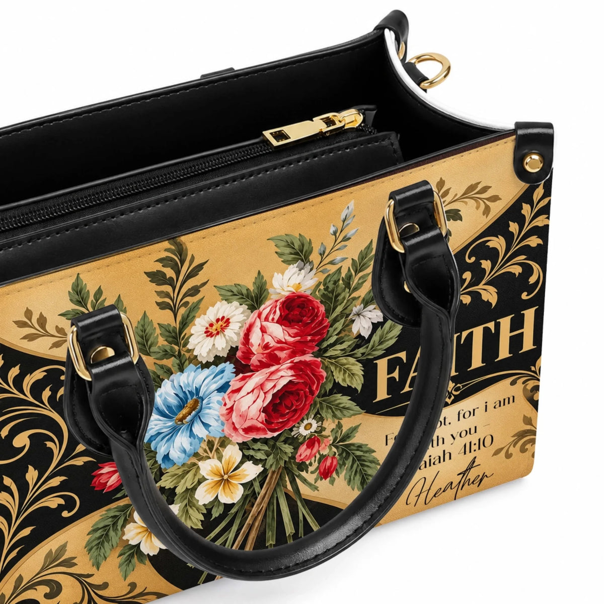 Close up of personalized floral faith bag displaying scripture Isaiah 41 10 and custom name Heather on gold fabric.