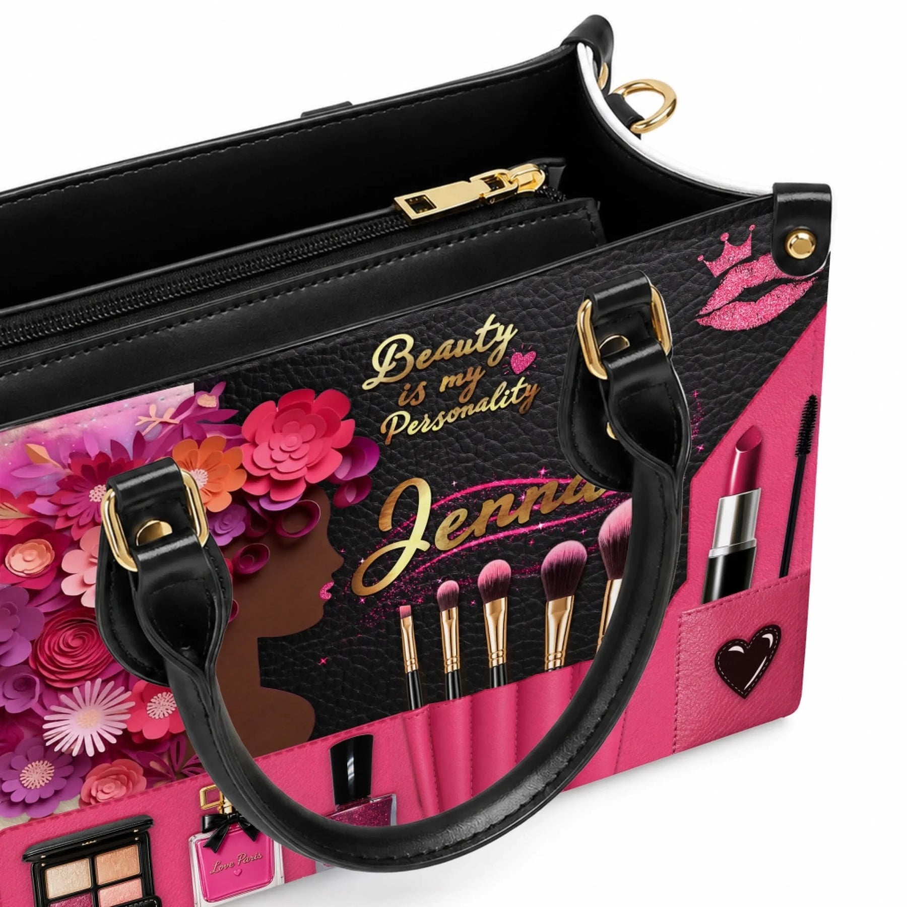 Close up detail of a personalized makeup themed handbag showcasing professional brush, lipstick, and floral print graphic details.