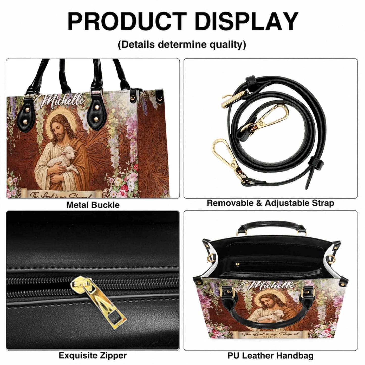 Close up product details of a custom religious leather handbag showing the zipper, metal buckle, and adjustable strap.