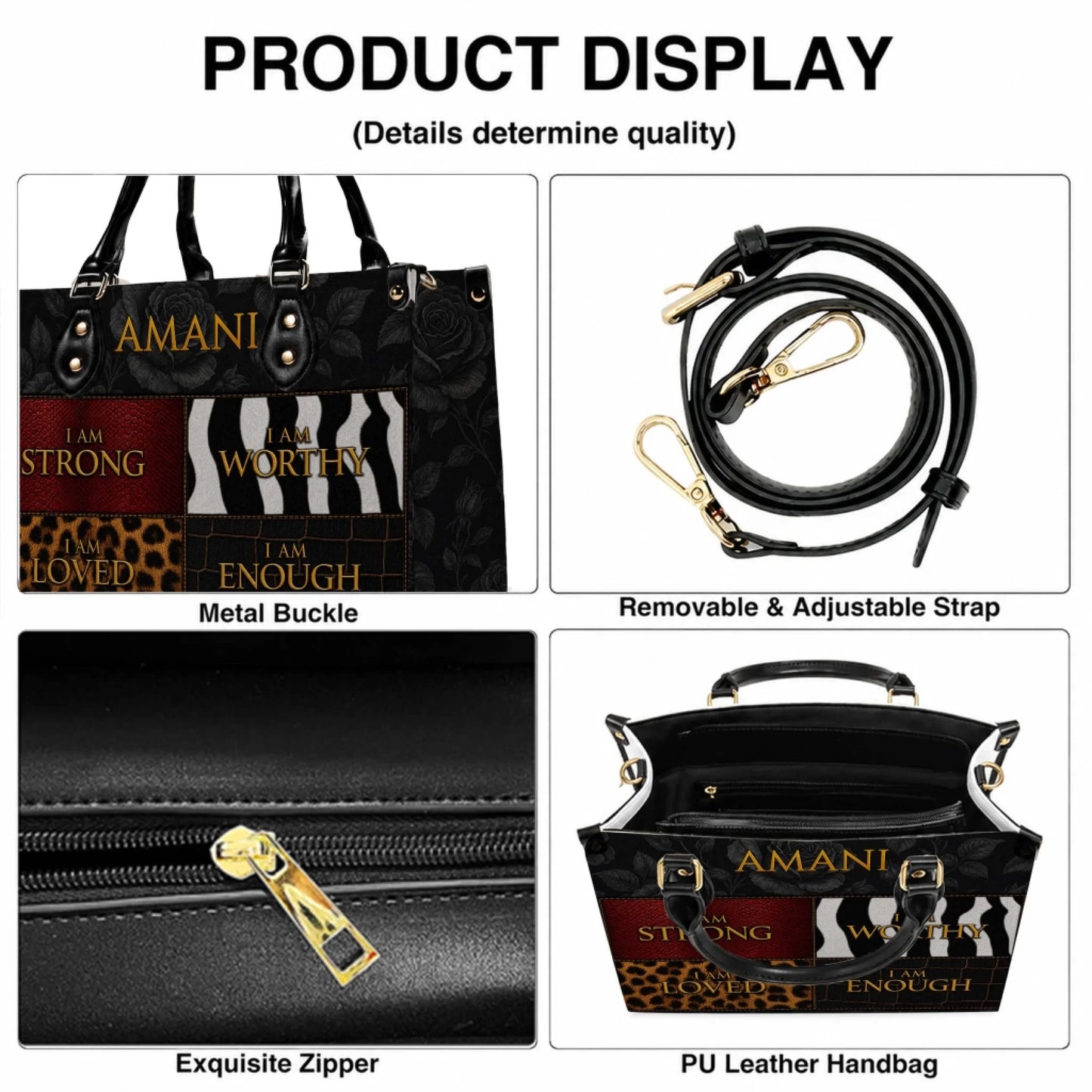Close up details of a custom PU leather handbag showing the sturdy zipper, metal hardware, and adjustable shoulder strap.