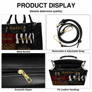 Close up details of a custom PU leather handbag showing the sturdy zipper, metal hardware, and adjustable shoulder strap.