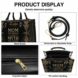 Product detail view of a custom leather handbag showing the sturdy zipper metal buckle and removable strap