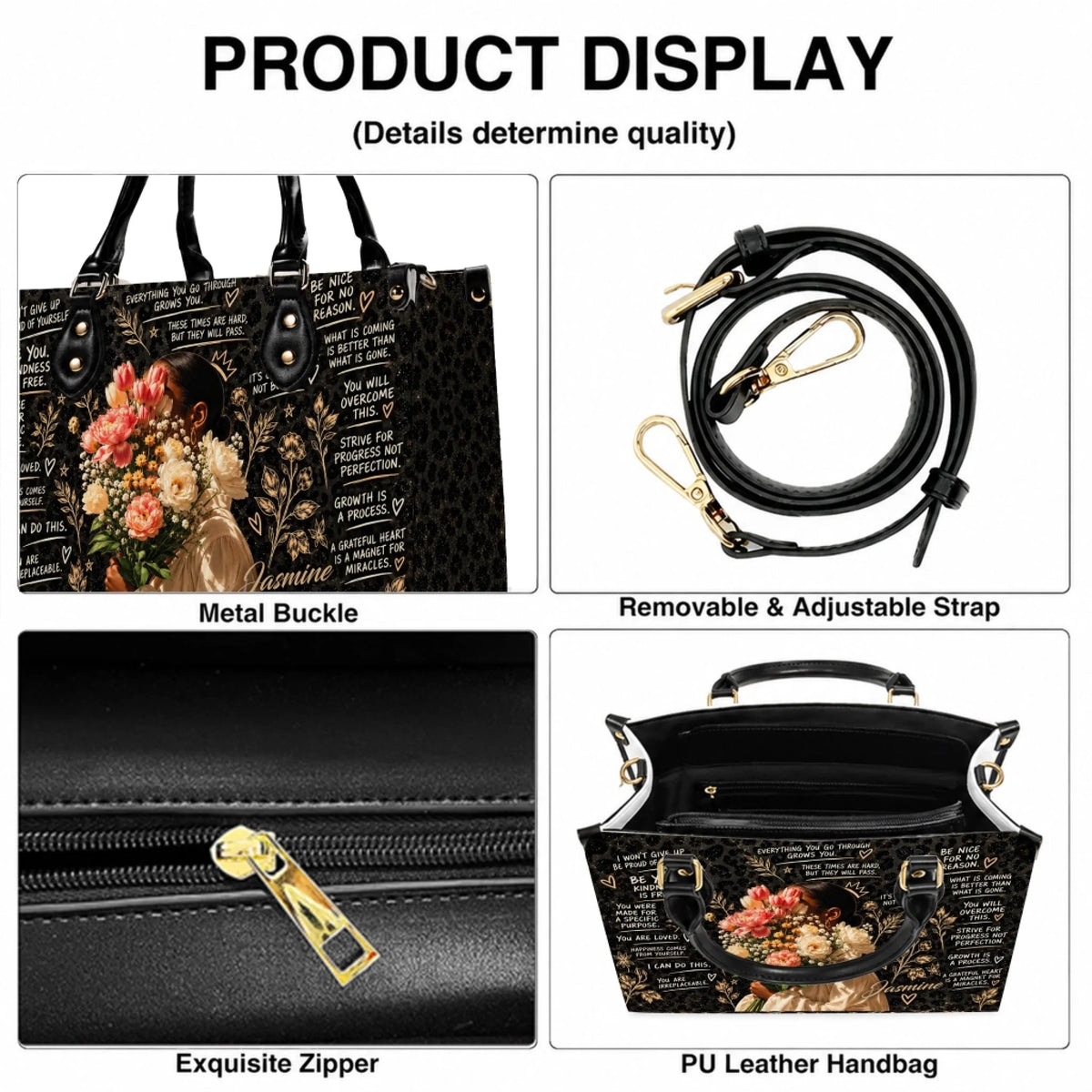 Close up product details of a personalized floral leopard print handbag including zipper strap and metal buckle.