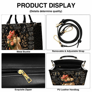 Close up product details of a personalized floral leopard print handbag including zipper strap and metal buckle.