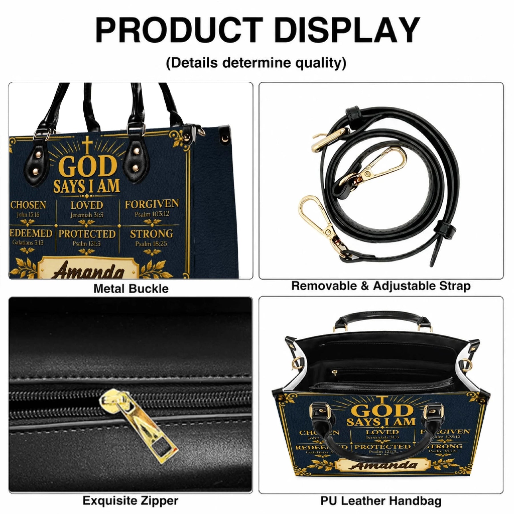 Close-up features of a personalized Christian handbag including an adjustable strap, gold zipper, and metal buckle.
