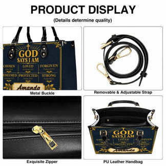 Close-up features of a personalized Christian handbag including an adjustable strap, gold zipper, and metal buckle.