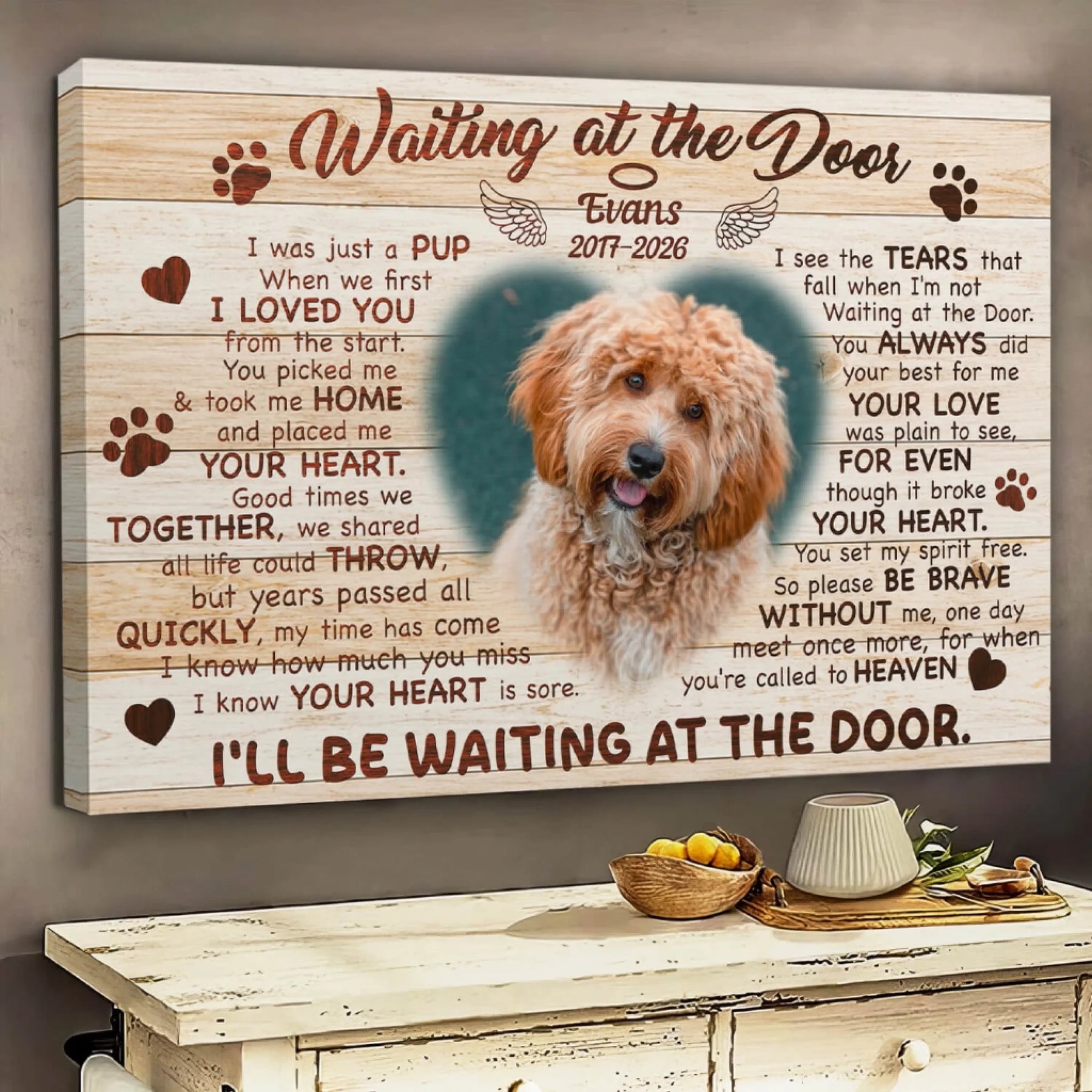 Heartfelt personalized dog memorial canvas featuring a custom photo, name, and dates to honor a beloved furry friend.