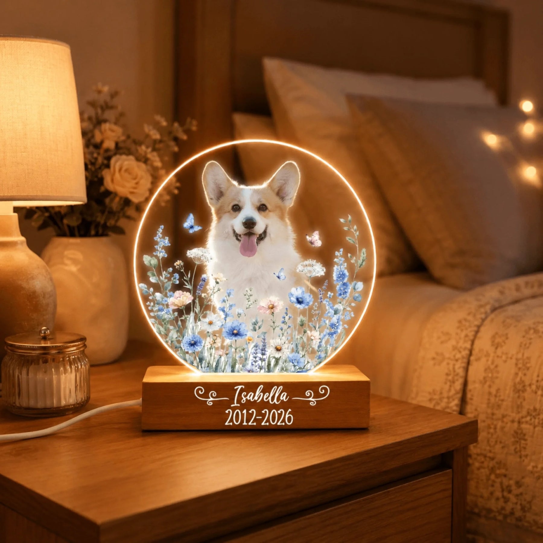 Dog memorial LED night light glowing on bedside table - pet loss sympathy gift