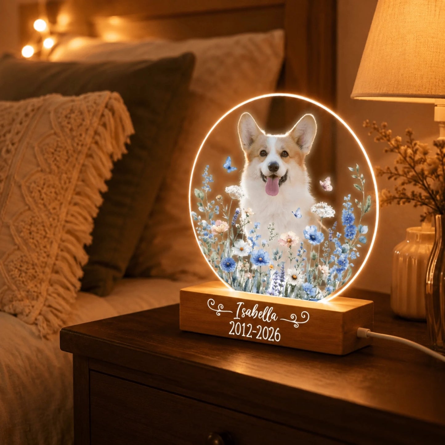 Personalized dog memorial night light with blue and white floral border