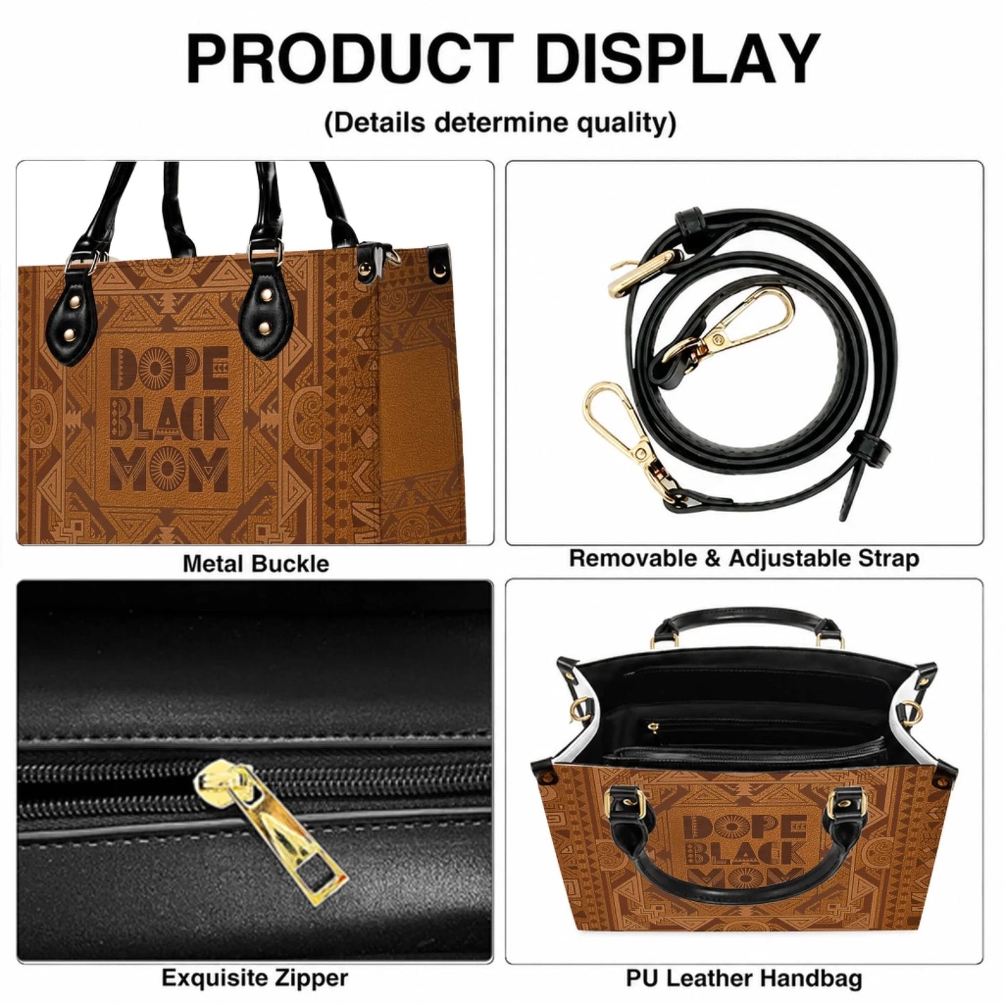 Product display showing features of the Dope Black Mom handbag including metal buckles zipper and adjustable strap.