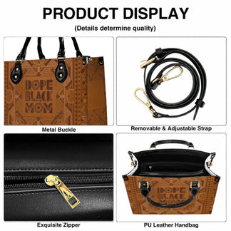 Product display showing features of the Dope Black Mom handbag including metal buckles zipper and adjustable strap.