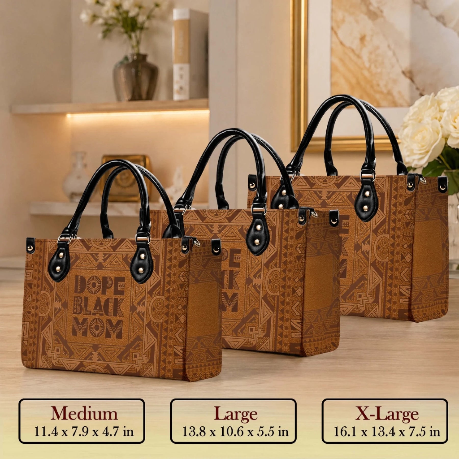 Three sizes of a stylish brown patterned handbag with Dope Black Mom lettering, suitable for various gifting needs.