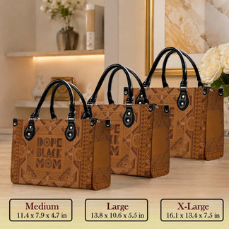Three sizes of a stylish brown patterned handbag with Dope Black Mom lettering, suitable for various gifting needs.