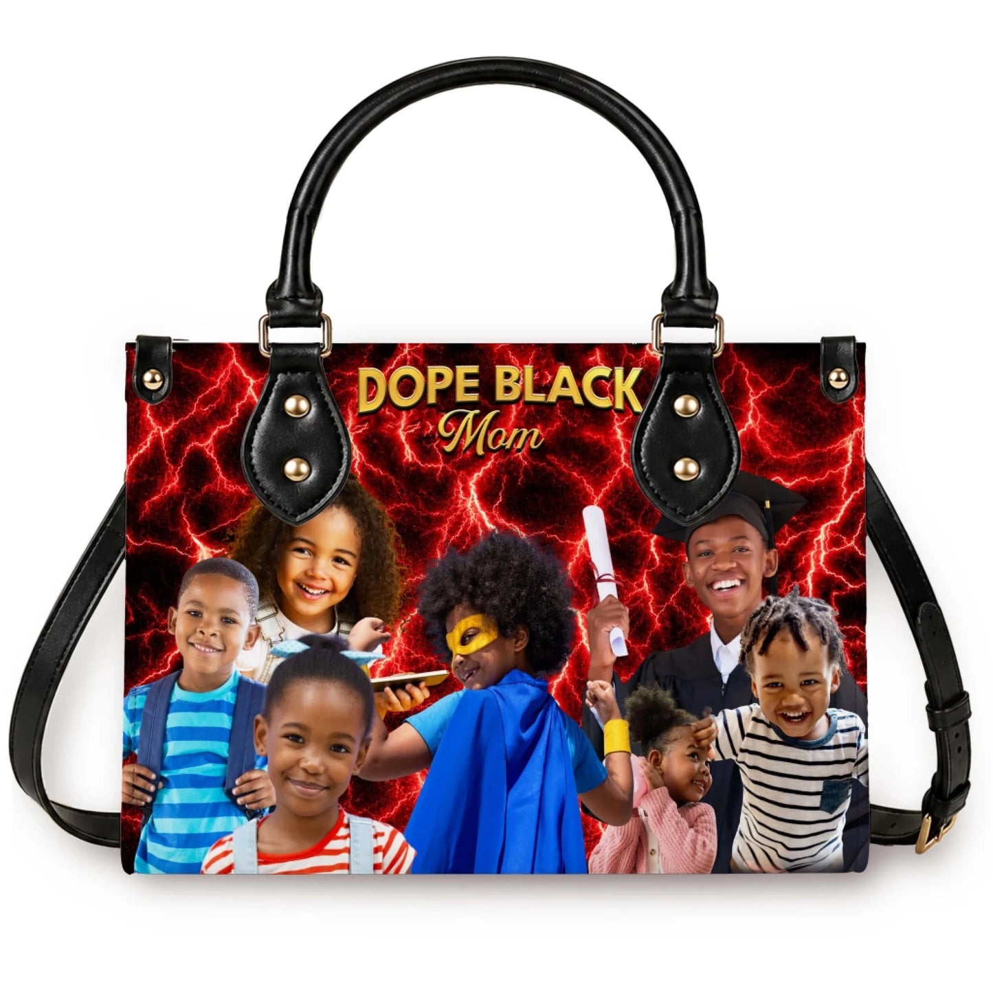 Personalized tote bag for mom featuring a Dope Black Mom quote and custom family photos over a vibrant red lightning print.