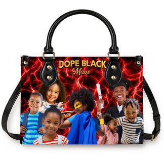 Personalized tote bag for mom featuring a Dope Black Mom quote and custom family photos over a vibrant red lightning print.