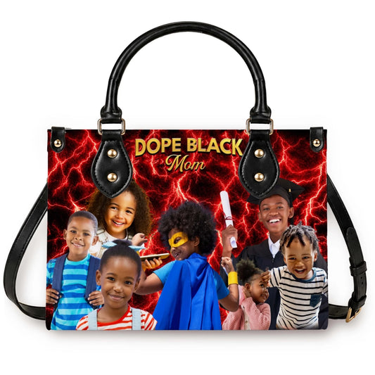 Personalized tote bag for mom featuring a Dope Black Mom quote and custom family photos over a vibrant red lightning print.