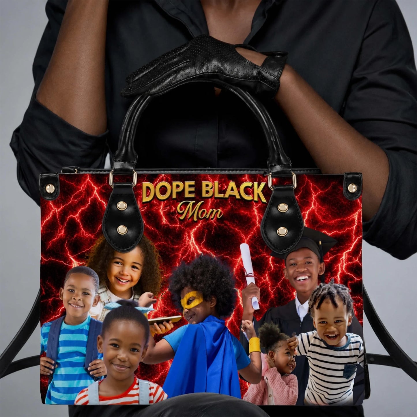 A personalized black PU leather handbag for moms featuring a red lightning background and custom family photos.