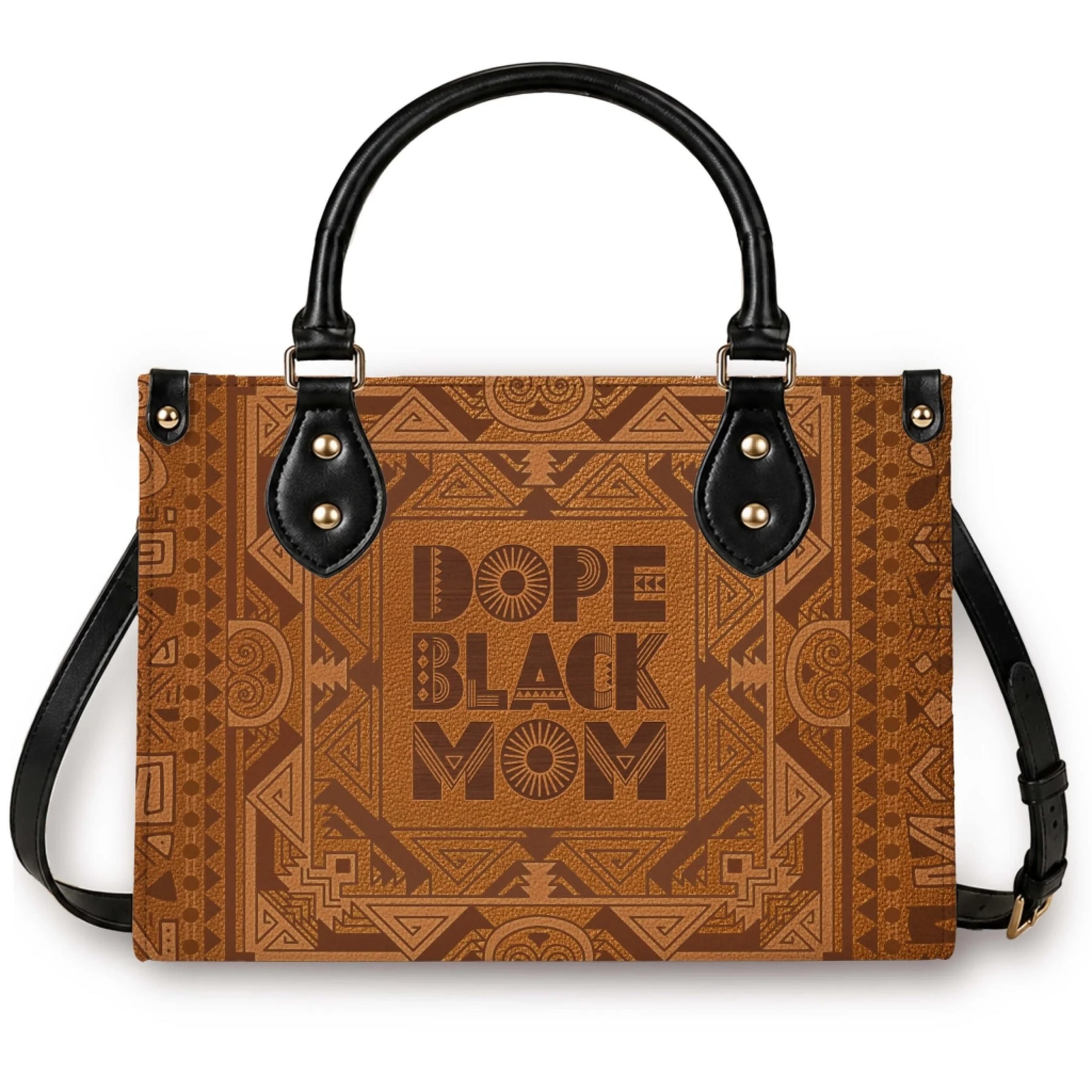 A stylish brown leather handbag featuring a tribal geometric pattern and the text Dope Black Mom for a fashionable gift.