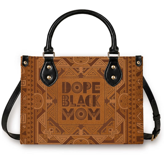 A stylish brown leather handbag featuring a tribal geometric pattern and the text Dope Black Mom for a fashionable gift.