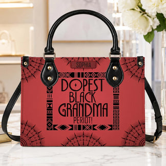 A personalized red PU leather handbag featuring the text Dopest Black Grandma Periot for a stylish grandma gift.