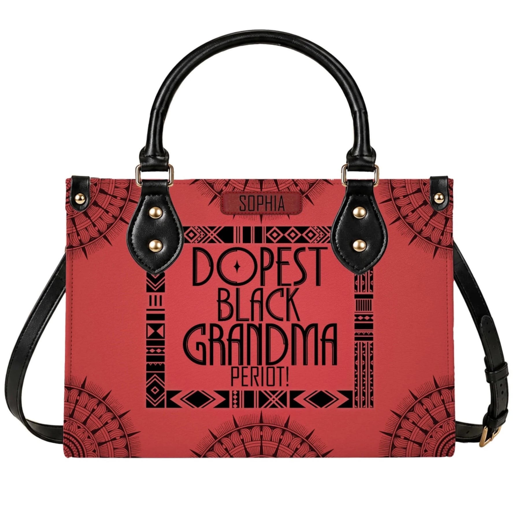 A red personalized handbag featuring the text Dopest Black Grandma Period and the name Sophia with black tribal accents.