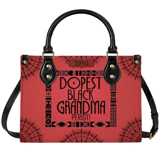 A red personalized handbag featuring the text Dopest Black Grandma Period and the name Sophia with black tribal accents.