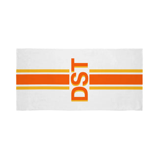 Custom beach towel featuring the letters DST in orange and yellow with bold horizontal striped retro design accents.