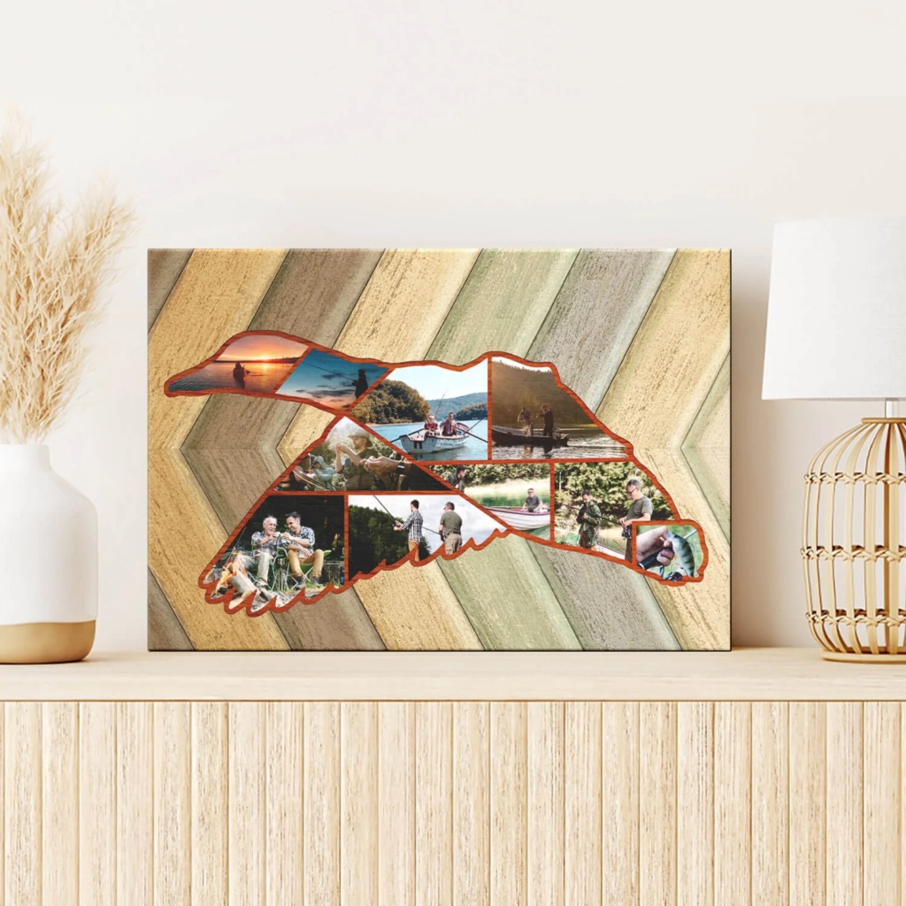Duck-shaped personalized fishing photo canvas on dresser – custom wall art gift for Dad