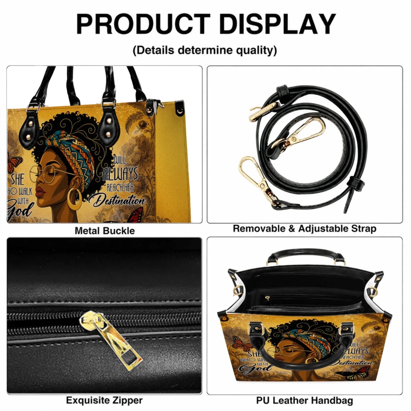 Details of a versatile PU leather handbag showing a metal buckle removable adjustable strap and high quality zipper.