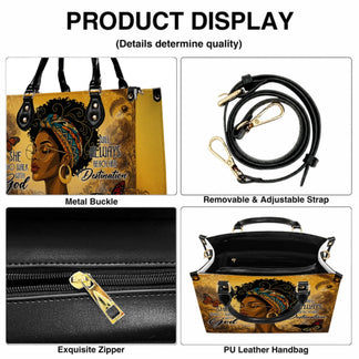 Details of a versatile PU leather handbag showing a metal buckle removable adjustable strap and high quality zipper.