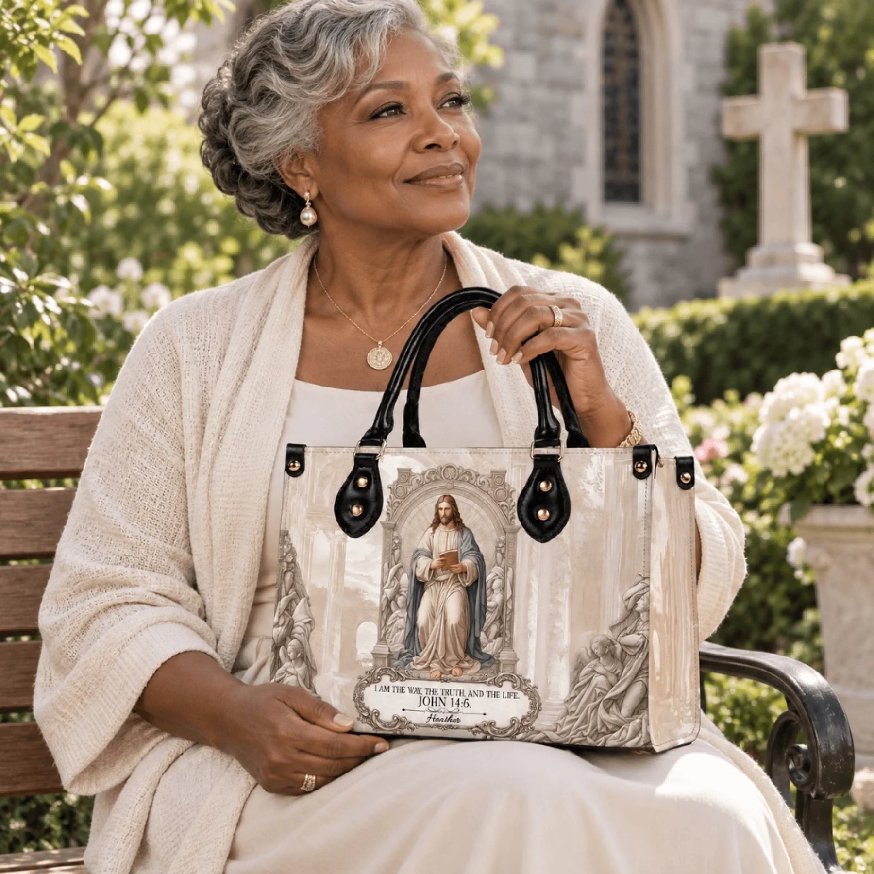 An elderly woman sits on a garden bench holding a custom handbag with a Jesus Christ design and religious quote.