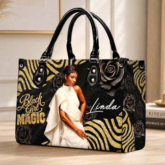 Elegant Black Girl Magic themed personalized handbag with custom name Linda and gold accents for a stylish gift.