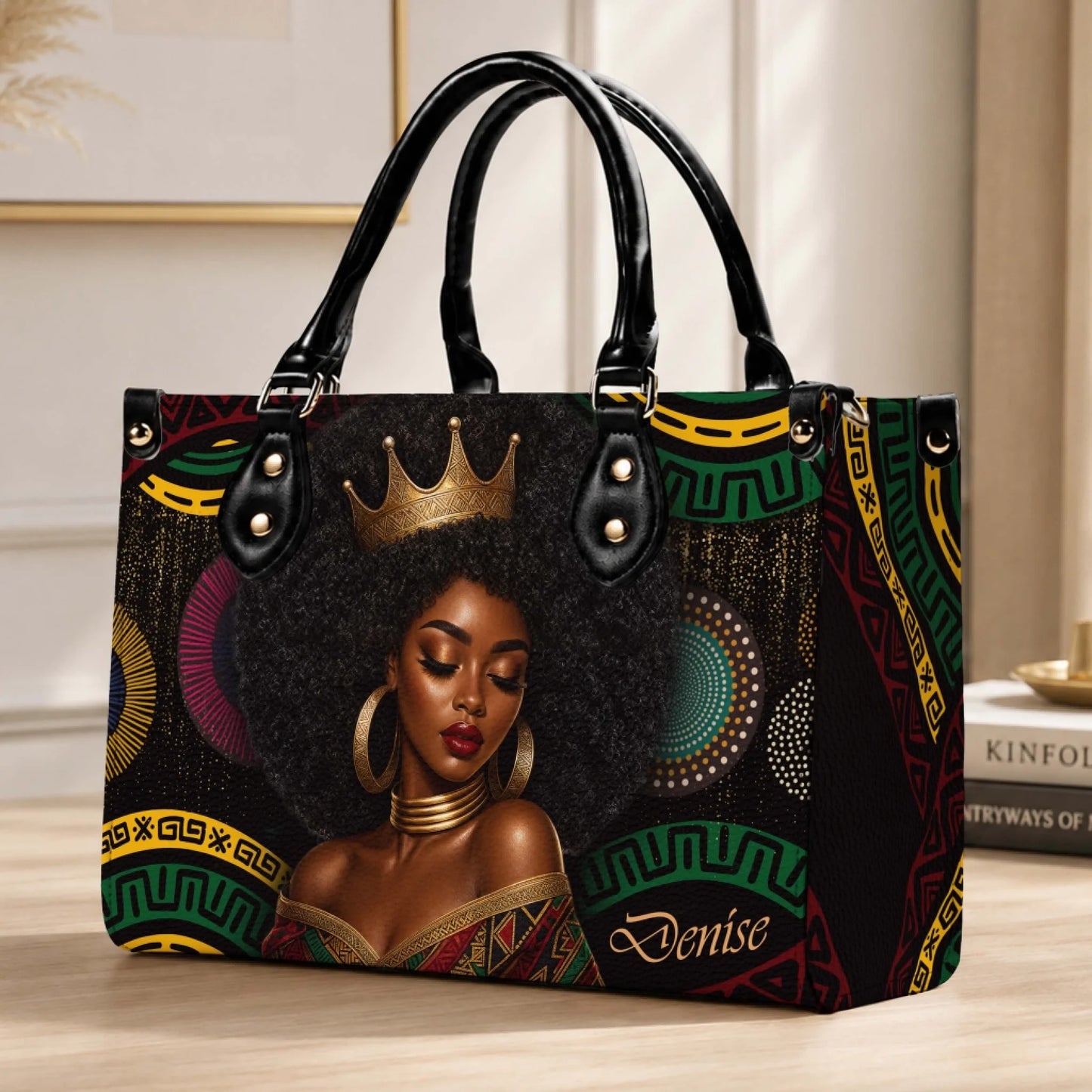 Elegant custom name handbag featuring a vibrant black queen afro art design for a personalized fashion gift.