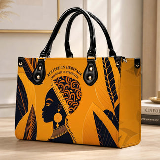 Stylish custom printed handbag showcasing an African American woman design with personalized name and empowering quote.
