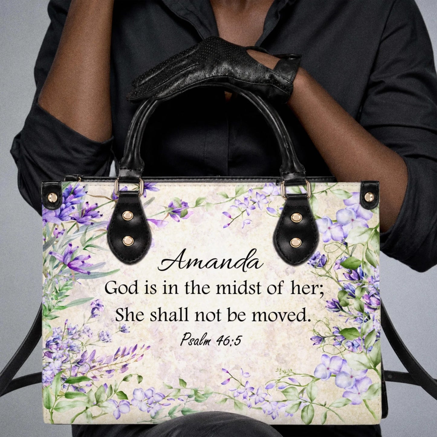 Stylish custom floral handbag for women featuring the encouraging scripture Psalm 46 5 and personalized name Amanda.