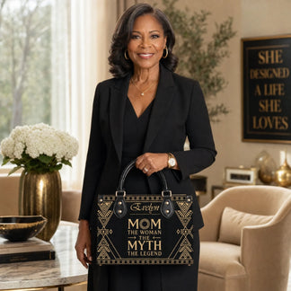 A sophisticated woman holding a personalized black and gold handbag with the name Evelyn and mom quote design.