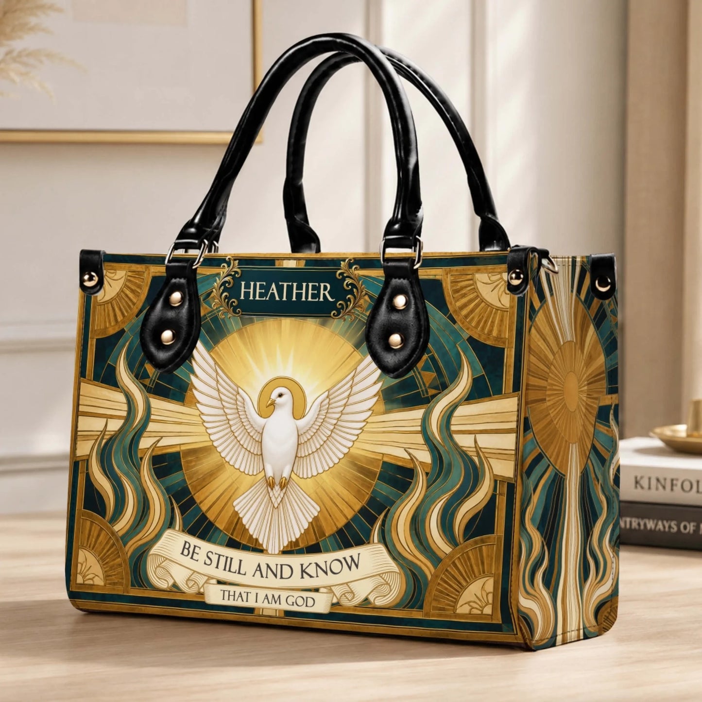 Fashionable personalized handbag featuring a sacred dove and sunburst art with the quote Be Still And Know That I Am God.