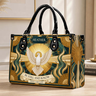 Fashionable personalized handbag featuring a sacred dove and sunburst art with the quote Be Still And Know That I Am God.