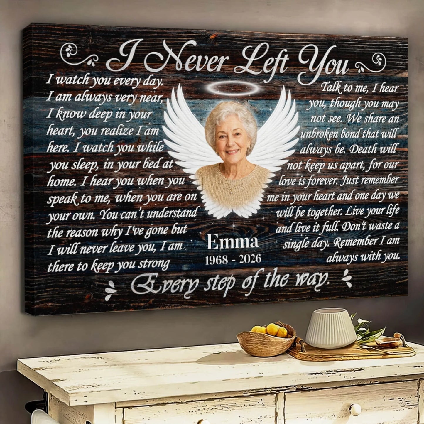 Personalized memorial canvas wall art honoring Emma with angel wings and poem for a meaningful sympathy gift.