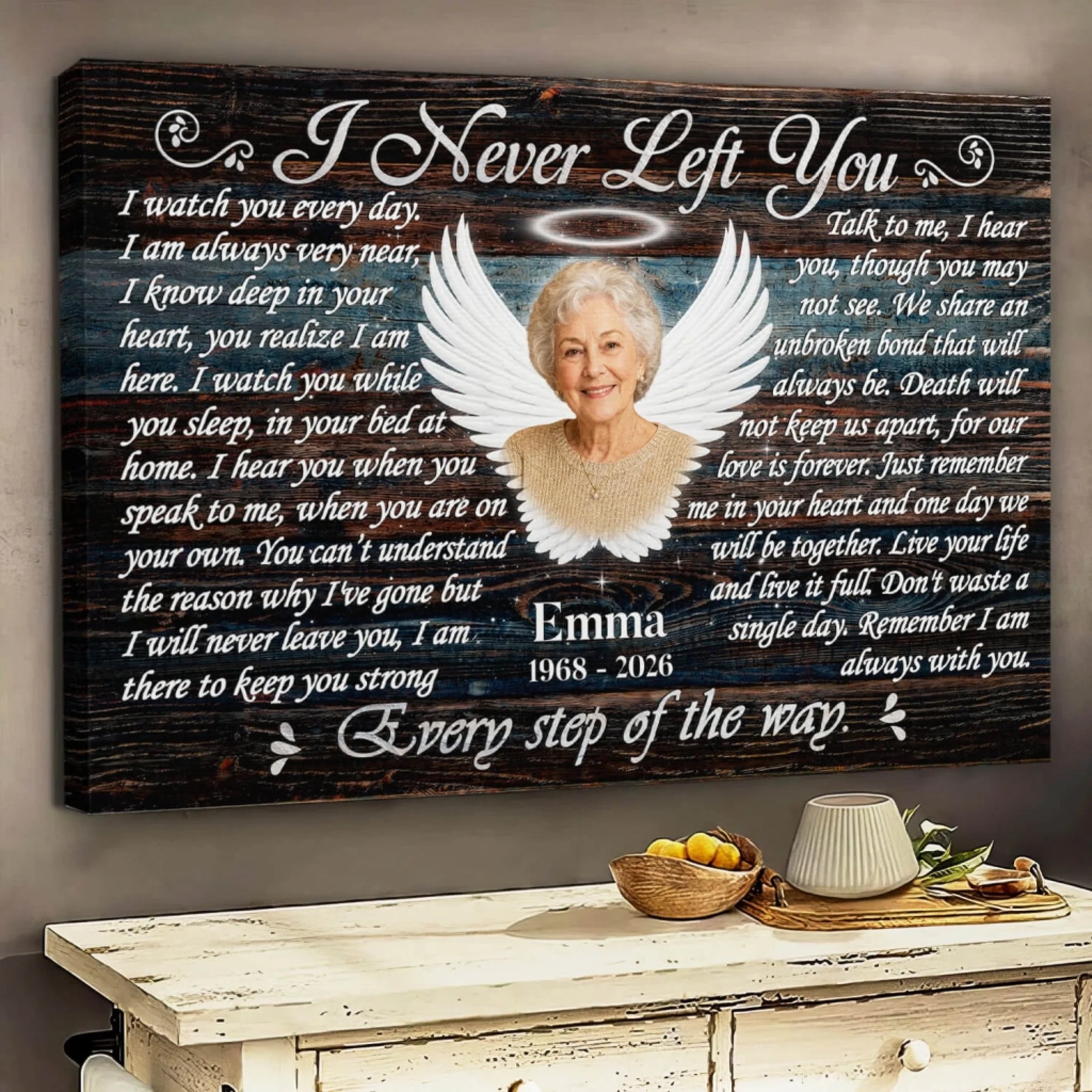 Personalized memorial canvas wall art honoring Emma with angel wings and poem for a meaningful sympathy gift.
