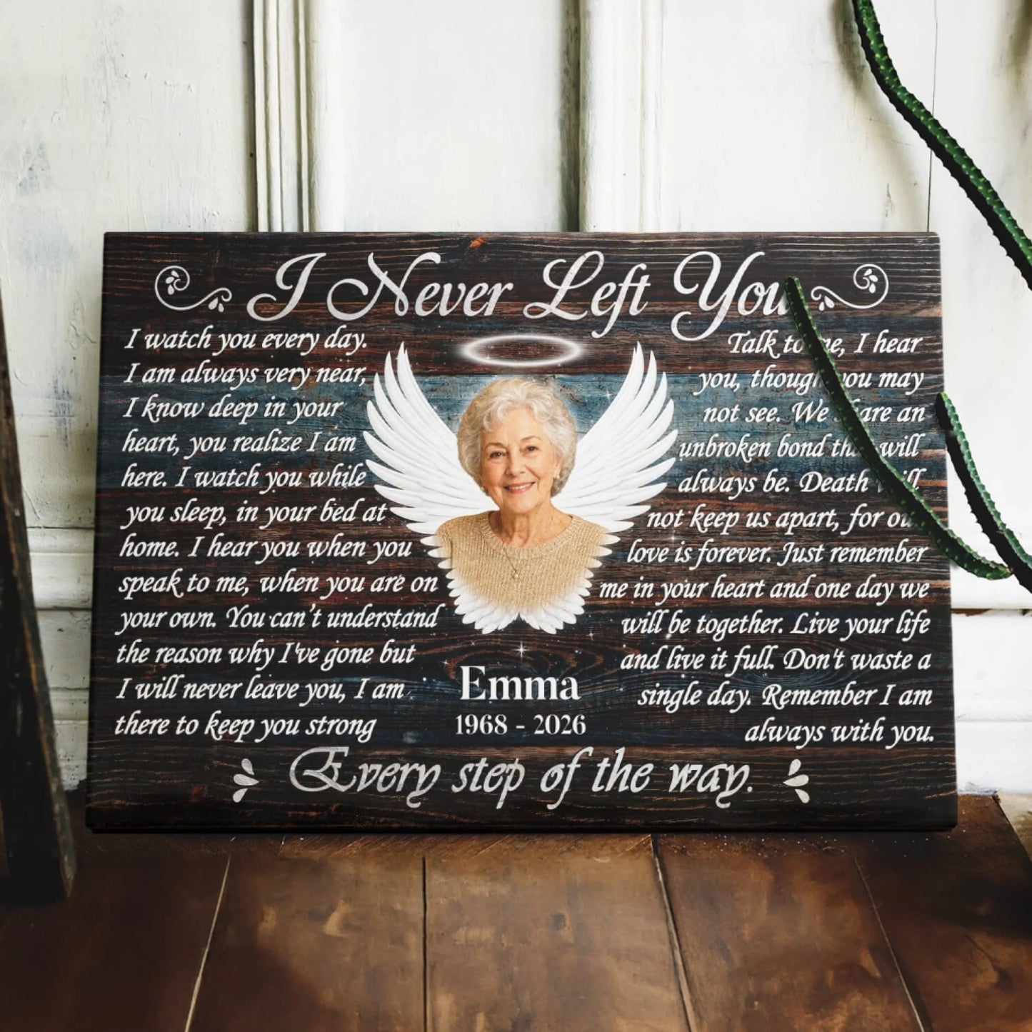 Personalized memorial wall art canvas with angel wings and poem for a special sympathy memorial gift.