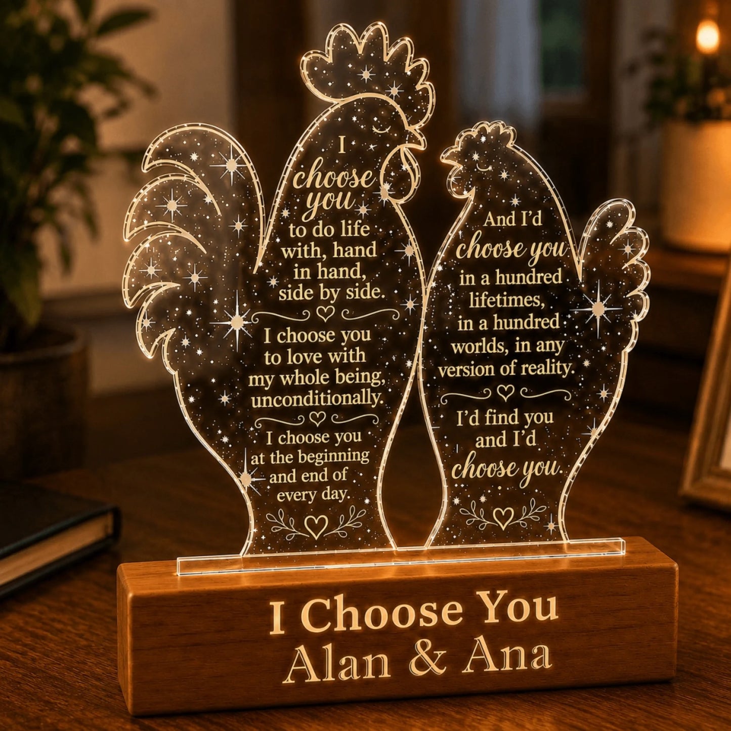 Personalized rooster couple LED night light featuring romantic text and custom names Alan and Ana for bedroom decor.