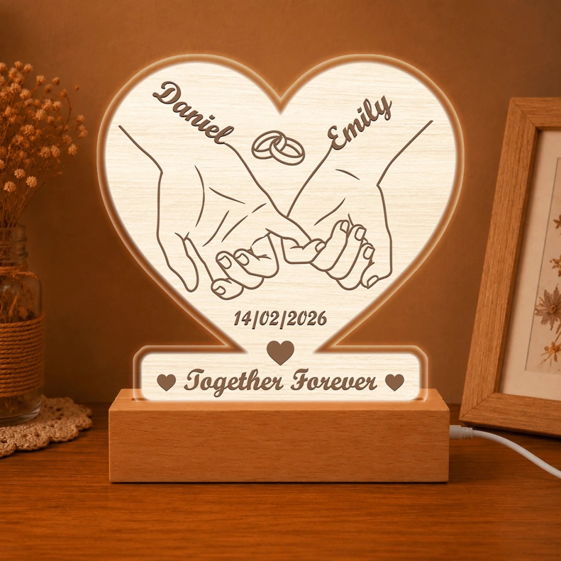 Engraved wooden heart LED night light with names and Together Forever quote, perfect for wedding or anniversary gift.