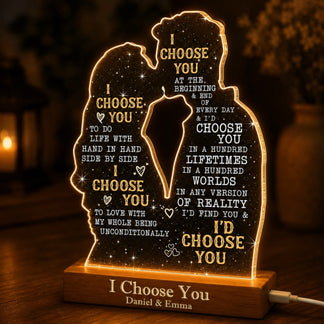 Custom romantic led night light featuring couple silhouette and I Choose You quote for anniversary gift giving.