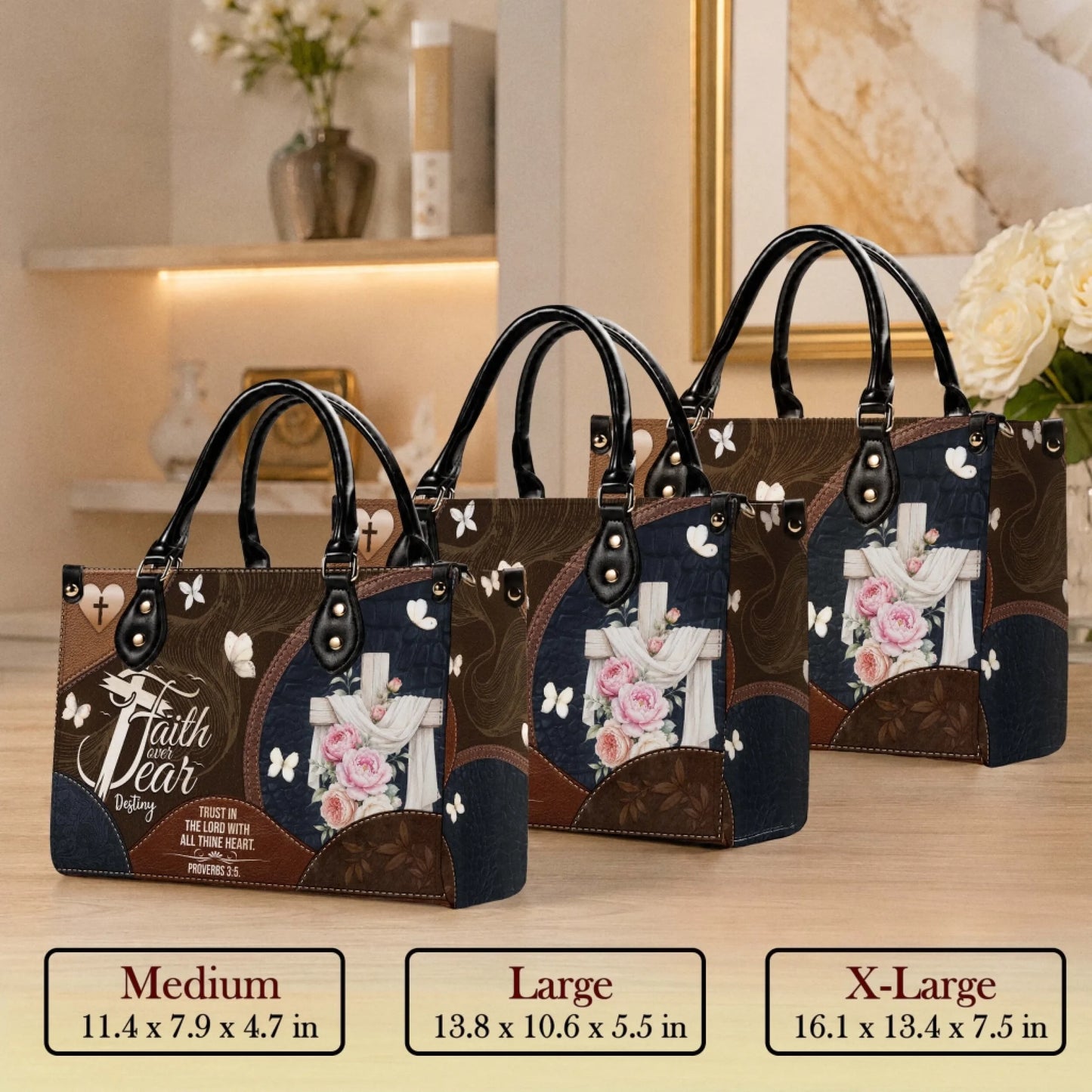 Three sizes of a faith over fear handbag featuring a floral cross design and Proverbs 3 5 verse for a religious gift.